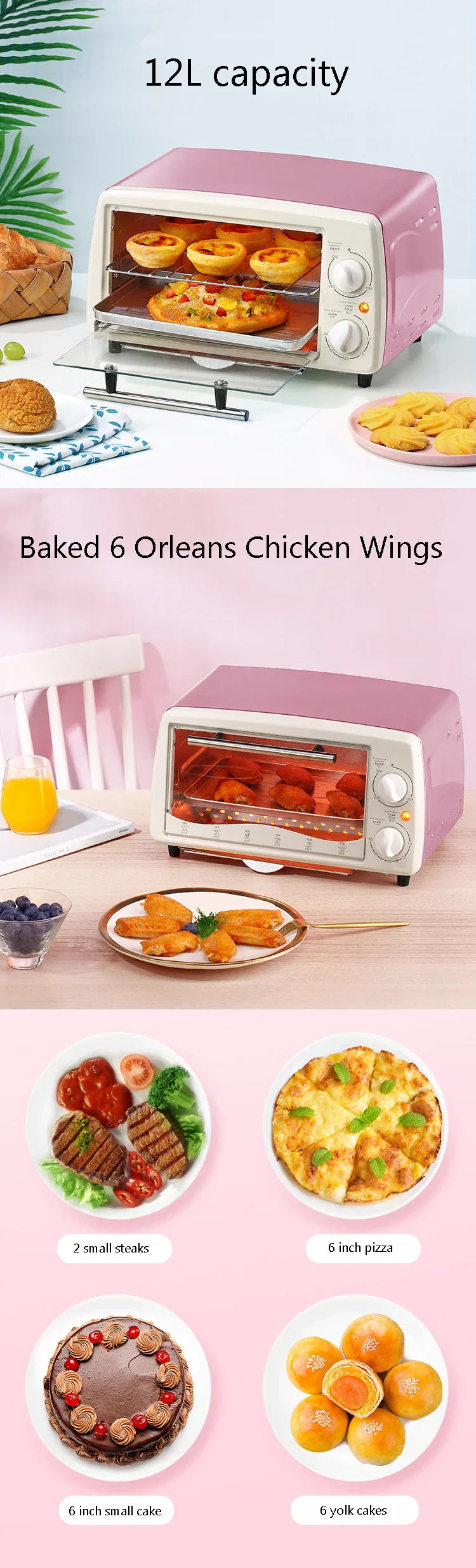 CUKYI 12L Electric oven intelligent temperature control kitchen appliance with removable crumbs tray cake pizza baking