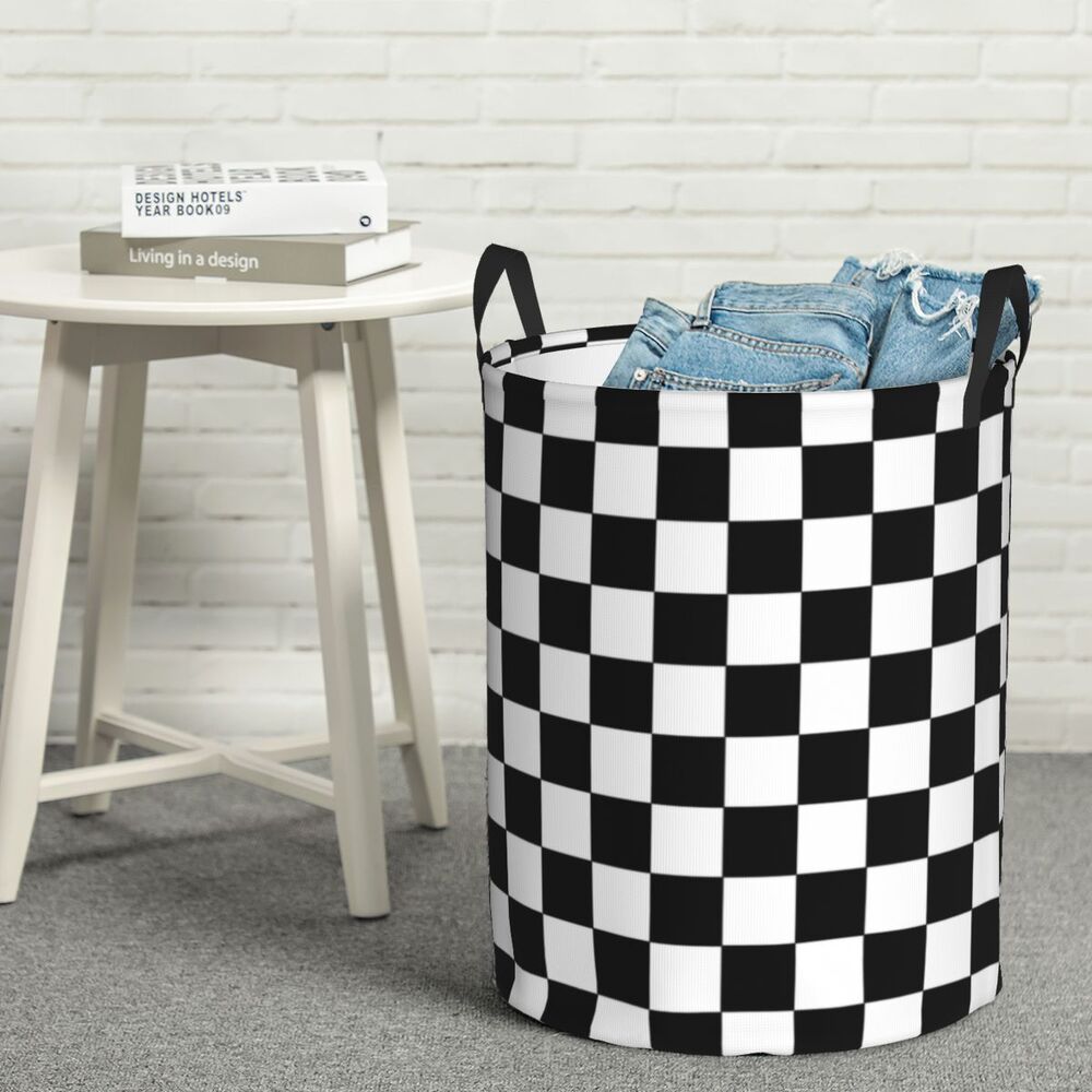 Custom Black And White Checkered Laundry Basket Collapsible Large Clothing Storage Bin Geometric Checkerboard Baby