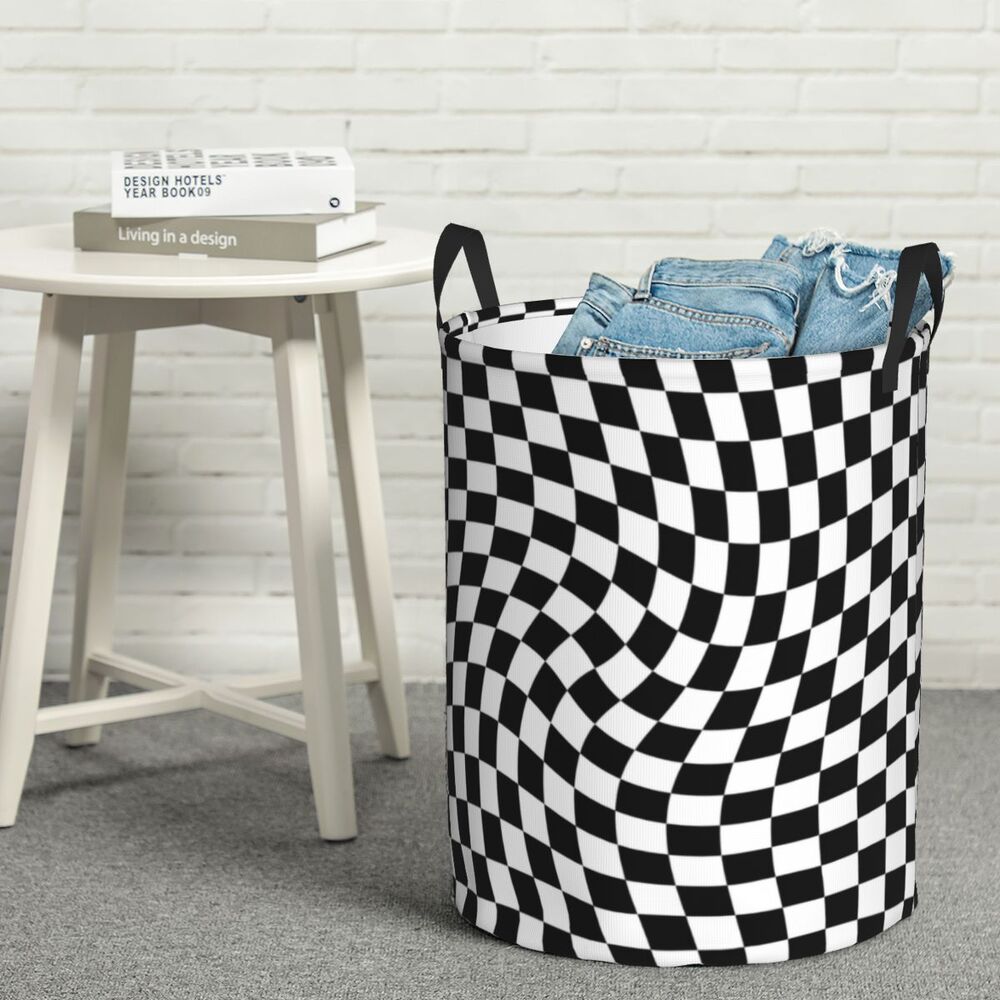 Custom Black And White Checkered Laundry Basket Collapsible Large Clothing Storage Bin Geometric Checkerboard Baby