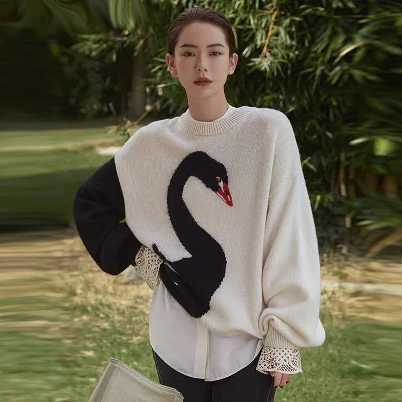 Design sense Swan sweater 2022 autumn winter new languid breeze western style age-reducing wool knit top