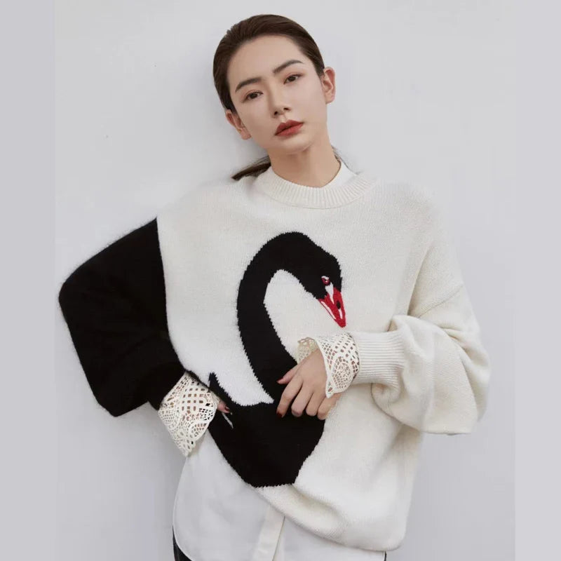 Design sense Swan sweater 2022 autumn winter new languid breeze western style age-reducing wool knit top