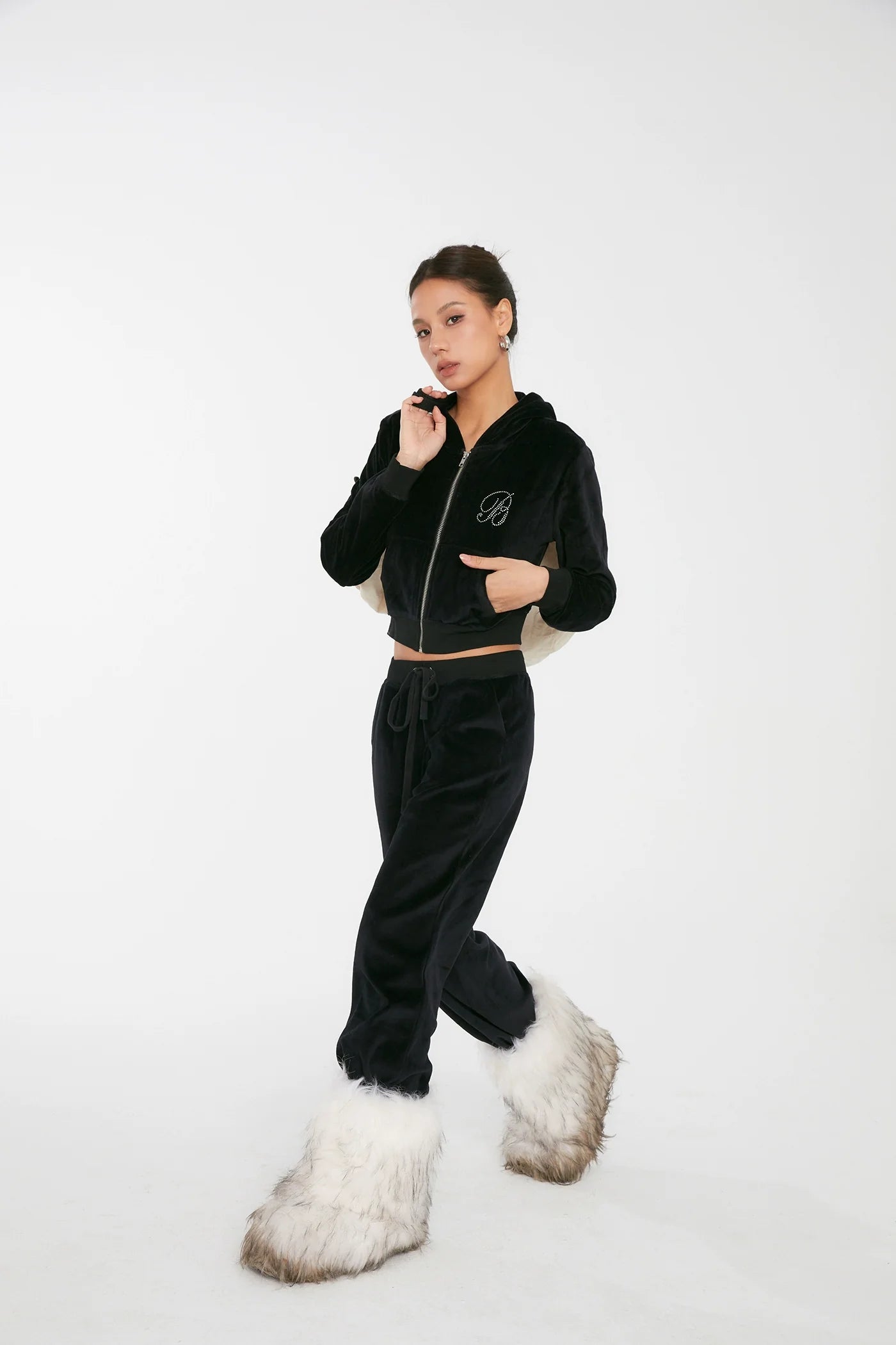 Discoglam Black Rhinestone Velvet Suit Velvet Short Hood Cardigan Women’s Sweater Bell-Bottom Pants