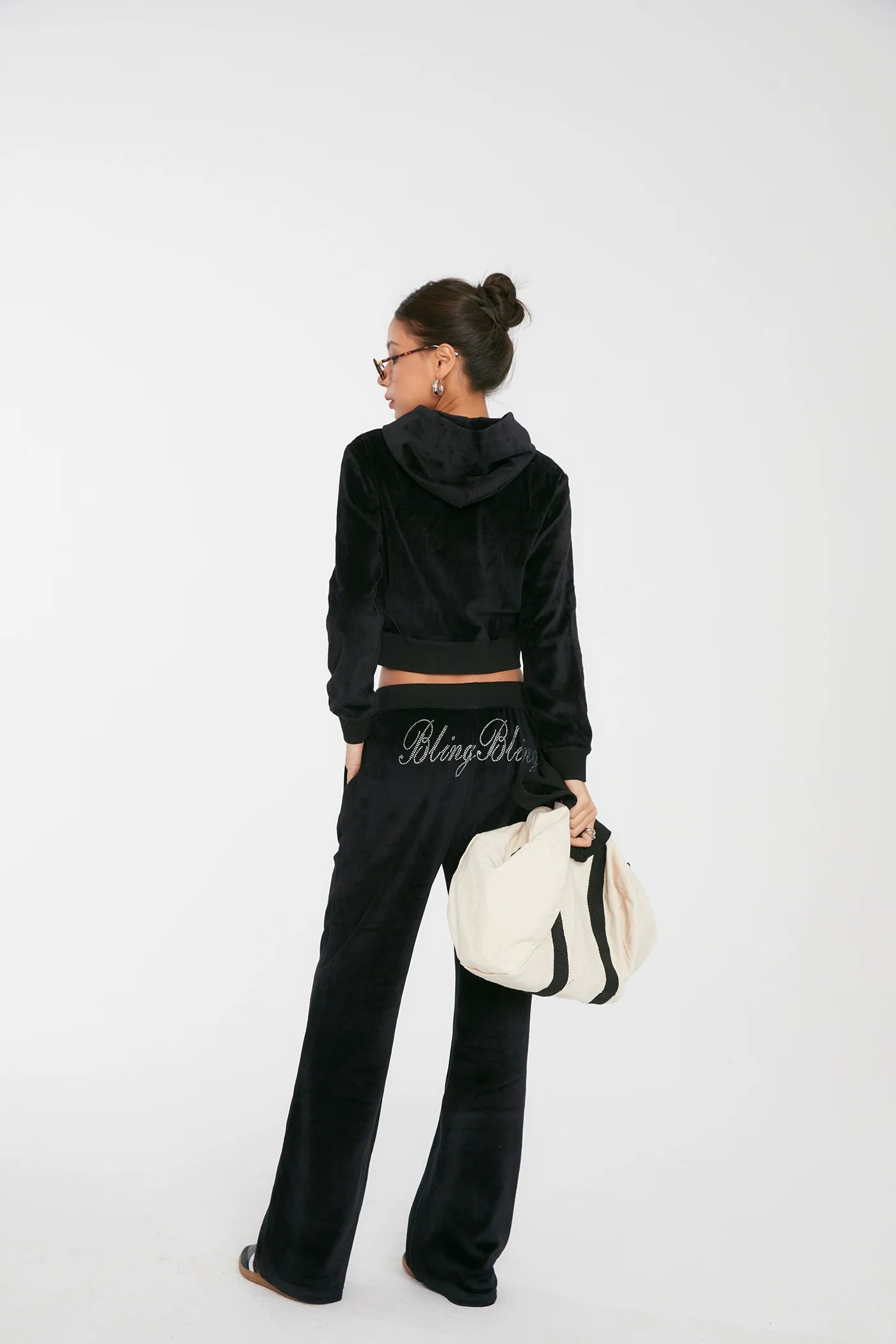 Discoglam Black Rhinestone Velvet Suit Velvet Short Hood Cardigan Women’s Sweater Bell-Bottom Pants