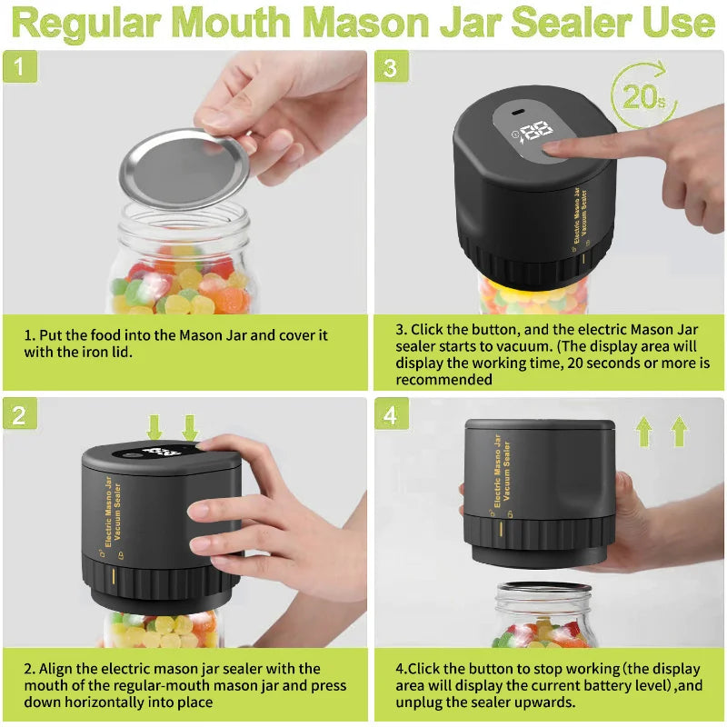 Electric Mason Jar Vacuum Sealer Kit Cordless Automatic Jar Sealer Set for Food Storage Fermentation Kitchen Tools