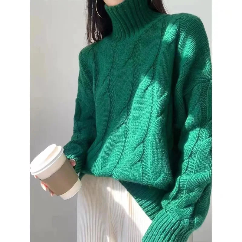 Europe United States fashion turtleneck cashmere sweater women’s autumn and winter twisted flower thick knit wool