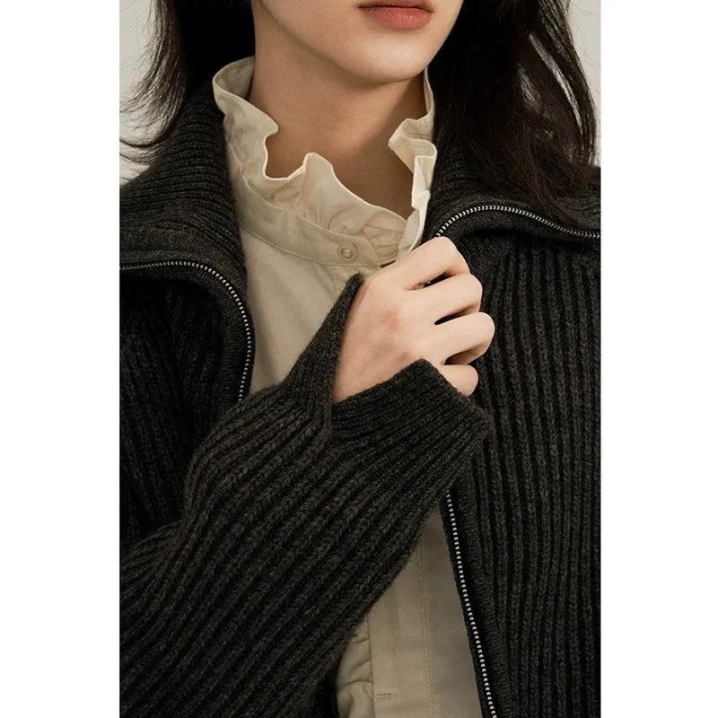 European Station double zipper 100% pure cashmere sweater coat women’s half open large lapel black knit sweater cardigan