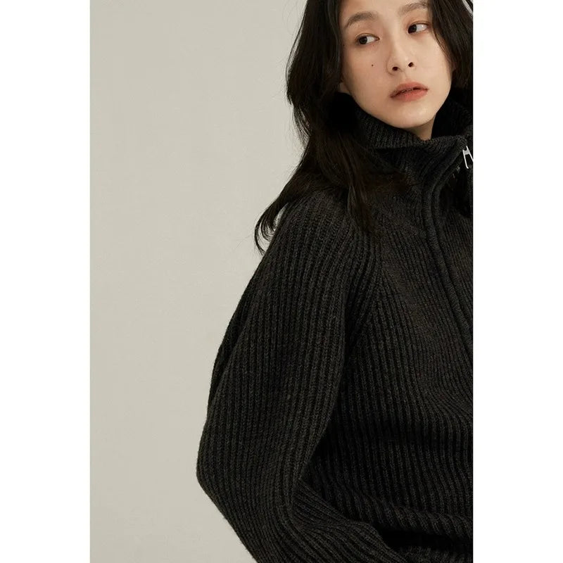 European Station double zipper 100% pure cashmere sweater coat women’s half open large lapel black knit sweater cardigan