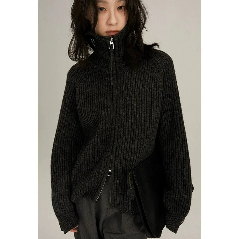 European Station double zipper 100% pure cashmere sweater coat women’s half open large lapel black knit sweater cardigan