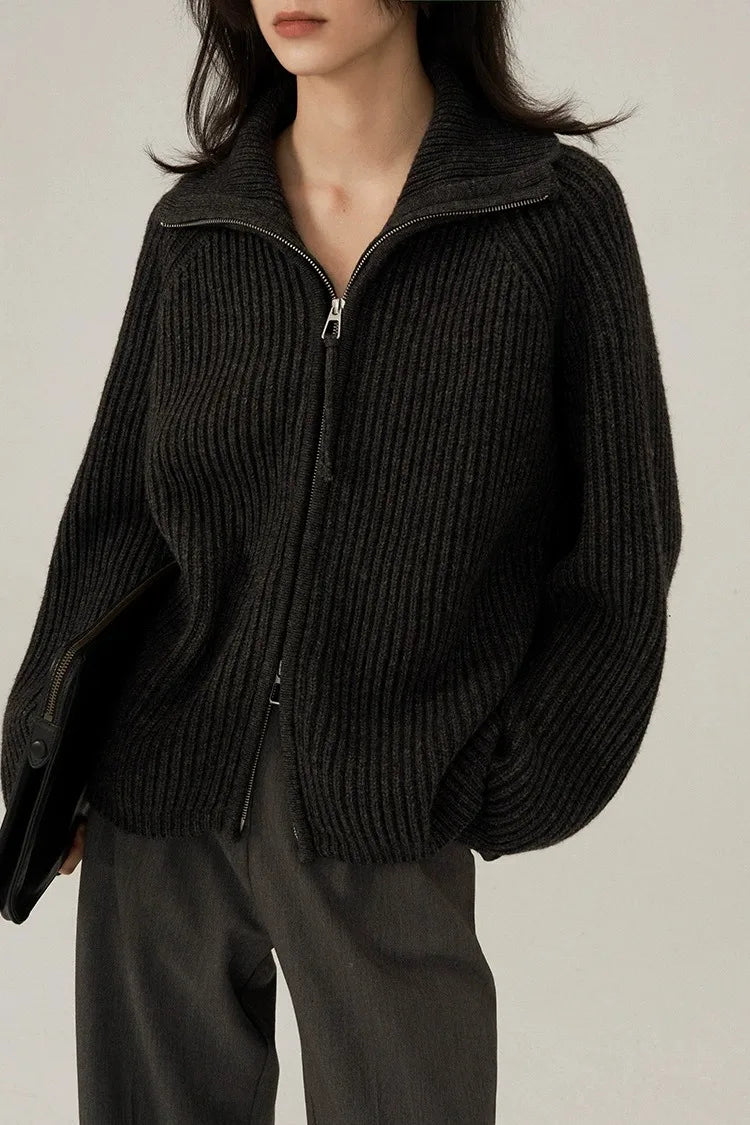 European Station double zipper 100% pure cashmere sweater coat women’s half open large lapel black knit sweater cardigan