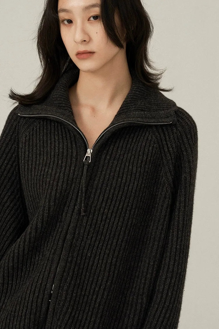 European Station double zipper 100% pure cashmere sweater coat women’s half open large lapel black knit sweater cardigan