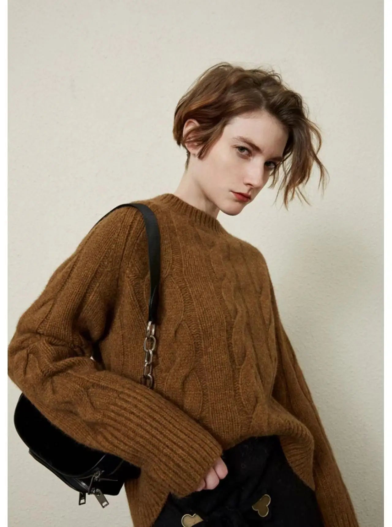 European station round neck thick short cashmere sweater women’s loose pullover autumn/winter twisted fleece bottom knit