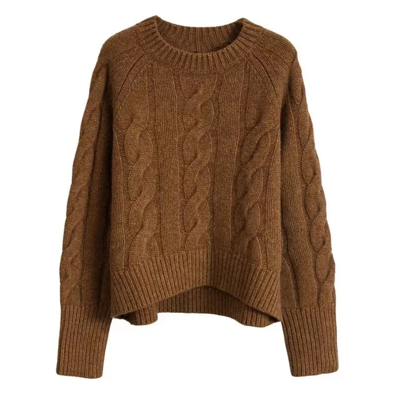 European station round neck thick short cashmere sweater women’s loose pullover autumn/winter twisted fleece bottom knit