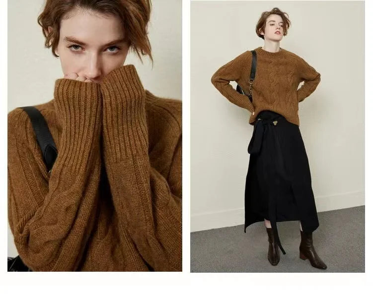 European station round neck thick short cashmere sweater women’s loose pullover autumn/winter twisted fleece bottom knit