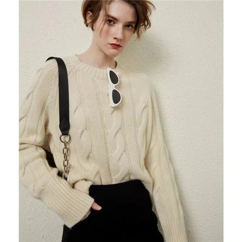 European station round neck thick short cashmere sweater women’s loose pullover autumn/winter twisted fleece bottom knit