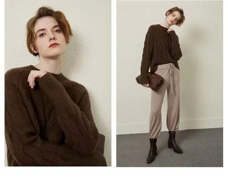 European station round neck thick short cashmere sweater women’s loose pullover autumn/winter twisted fleece bottom knit