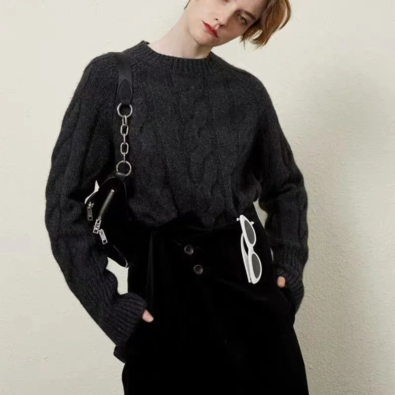 European station round neck thick short cashmere sweater women’s loose pullover autumn/winter twisted fleece bottom knit