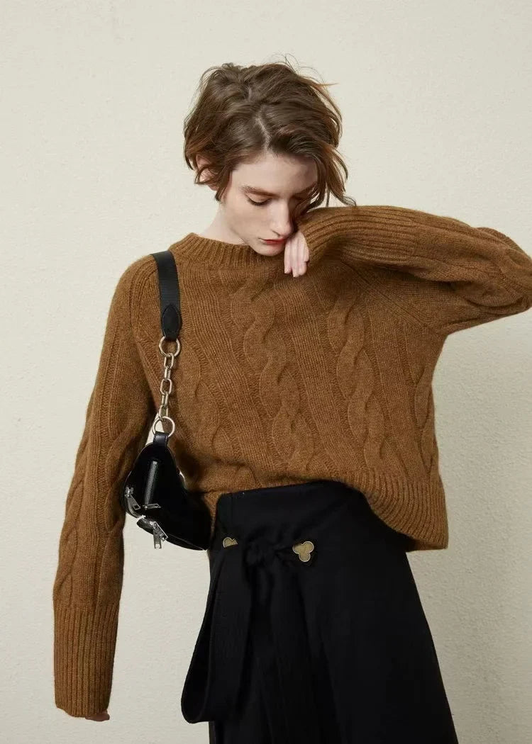 European station round neck thick short cashmere sweater women’s loose pullover autumn/winter twisted fleece bottom knit