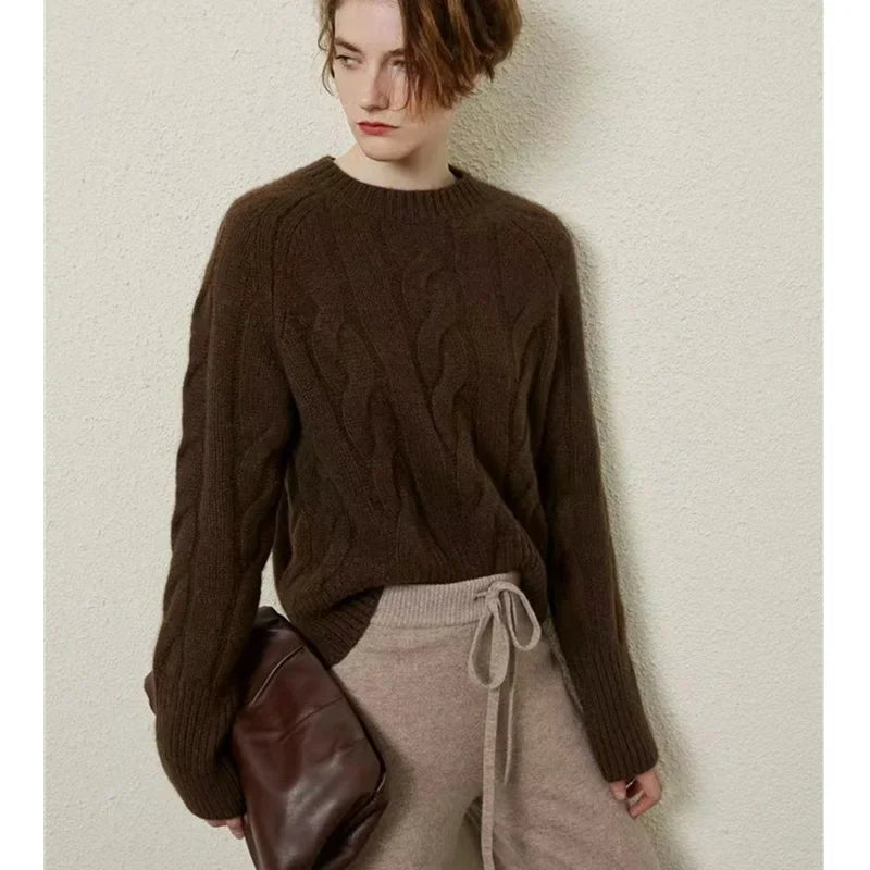 European station round neck thick short cashmere sweater women’s loose pullover autumn/winter twisted fleece bottom knit