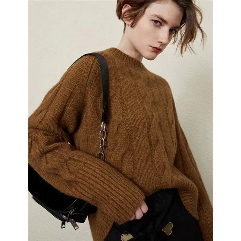 European station round neck thick short cashmere sweater women’s loose pullover autumn/winter twisted fleece bottom knit