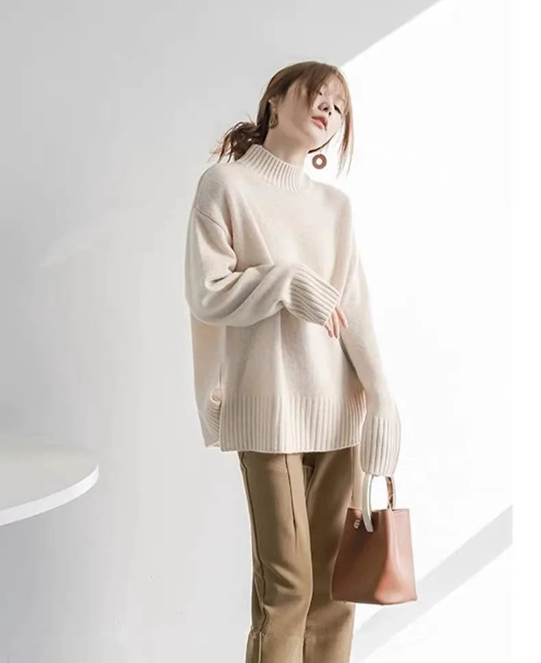 European100% pure cashmere sweater women’s half turtleneck slit short sweater lazy loose knit base shirt 2023 autumn