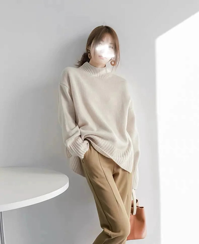 European100% pure cashmere sweater women’s half turtleneck slit short sweater lazy loose knit base shirt 2023 autumn