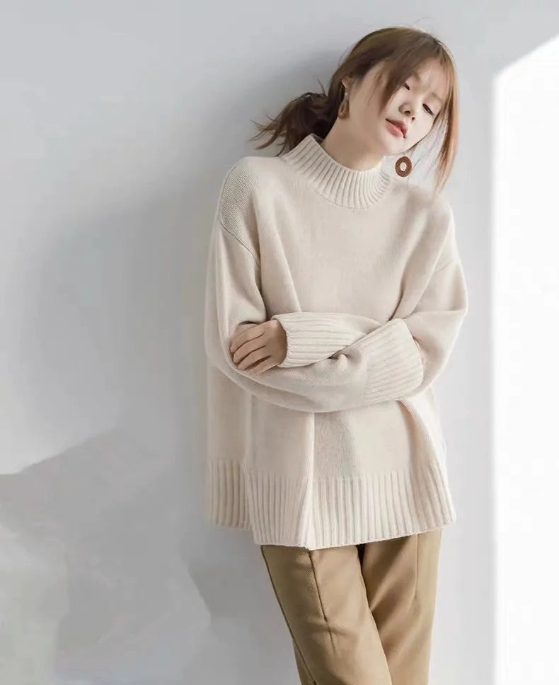 European100% pure cashmere sweater women’s half turtleneck slit short sweater lazy loose knit base shirt 2023 autumn