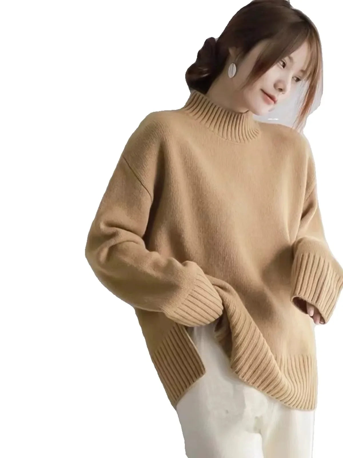 European100% pure cashmere sweater women’s half turtleneck slit short sweater lazy loose knit base shirt 2023 autumn