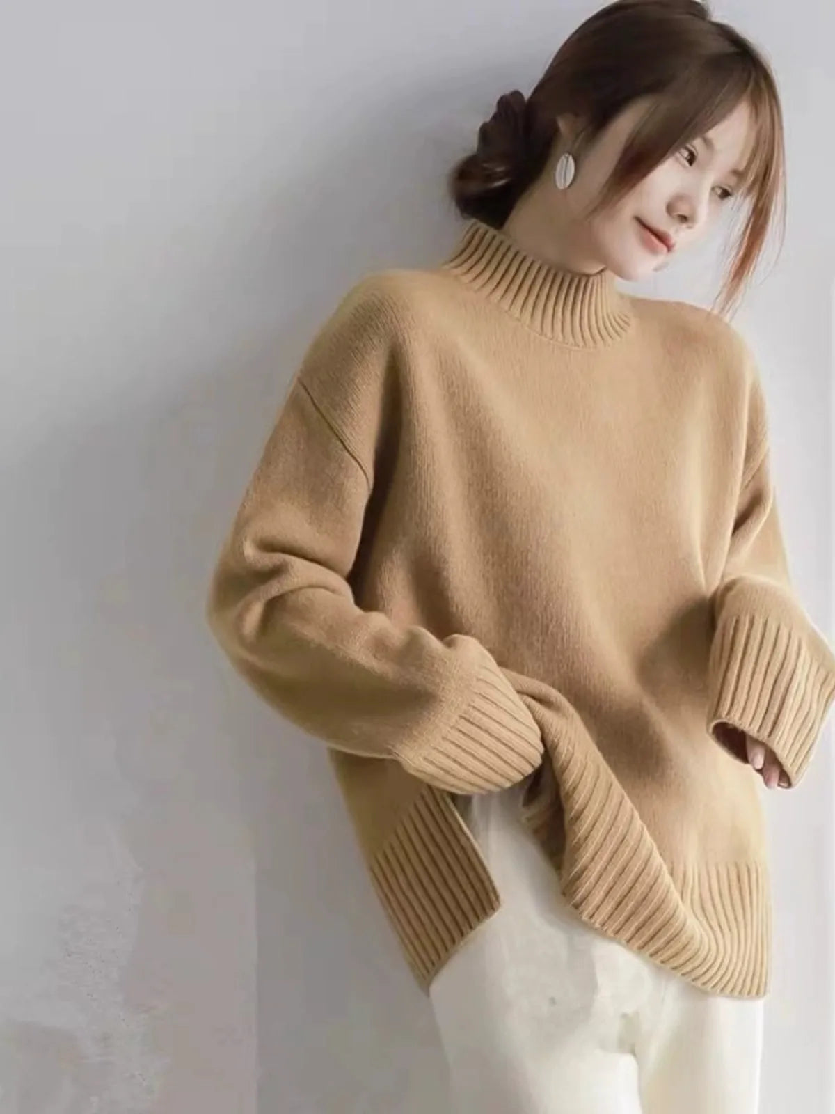 European100% pure cashmere sweater women’s half turtleneck slit short sweater lazy loose knit base shirt 2023 autumn