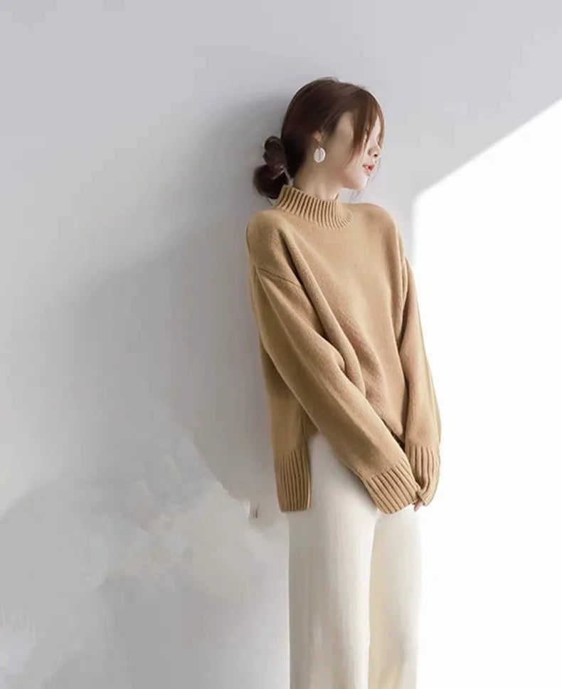 European100% pure cashmere sweater women’s half turtleneck slit short sweater lazy loose knit base shirt 2023 autumn