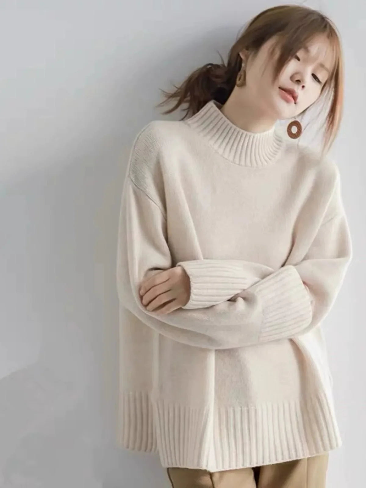 European100% pure cashmere sweater women’s half turtleneck slit short sweater lazy loose knit base shirt 2023 autumn