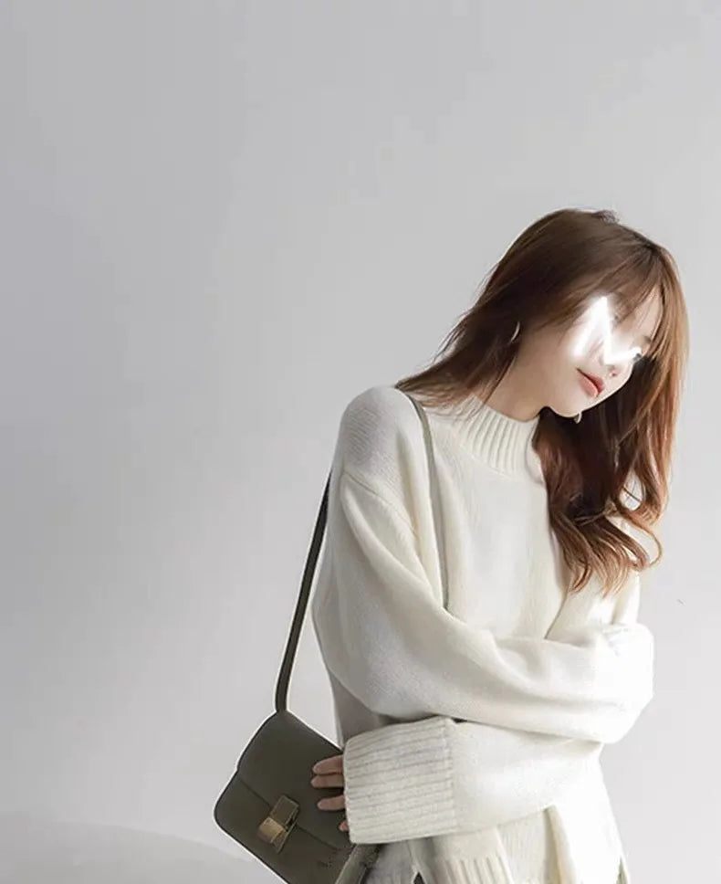 European100% pure cashmere sweater women’s half turtleneck slit short sweater lazy loose knit base shirt 2023 autumn