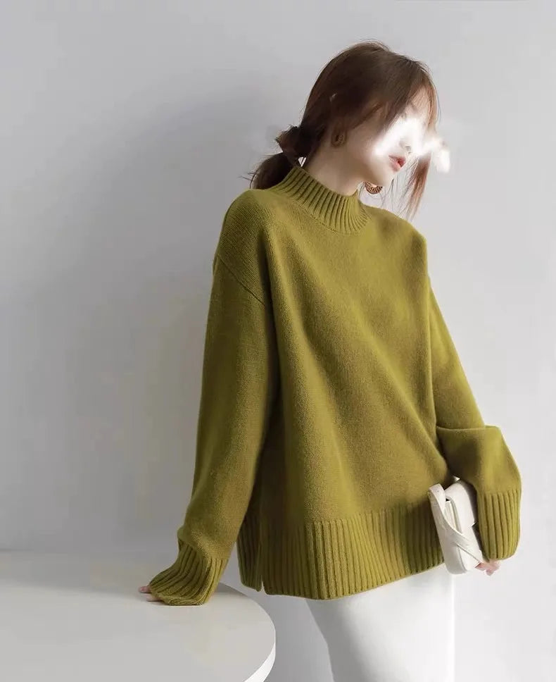 European100% pure cashmere sweater women’s half turtleneck slit short sweater lazy loose knit base shirt 2023 autumn