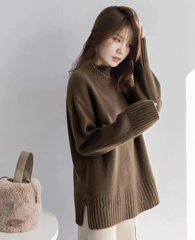 European100% pure cashmere sweater women’s half turtleneck slit short sweater lazy loose knit base shirt 2023 autumn