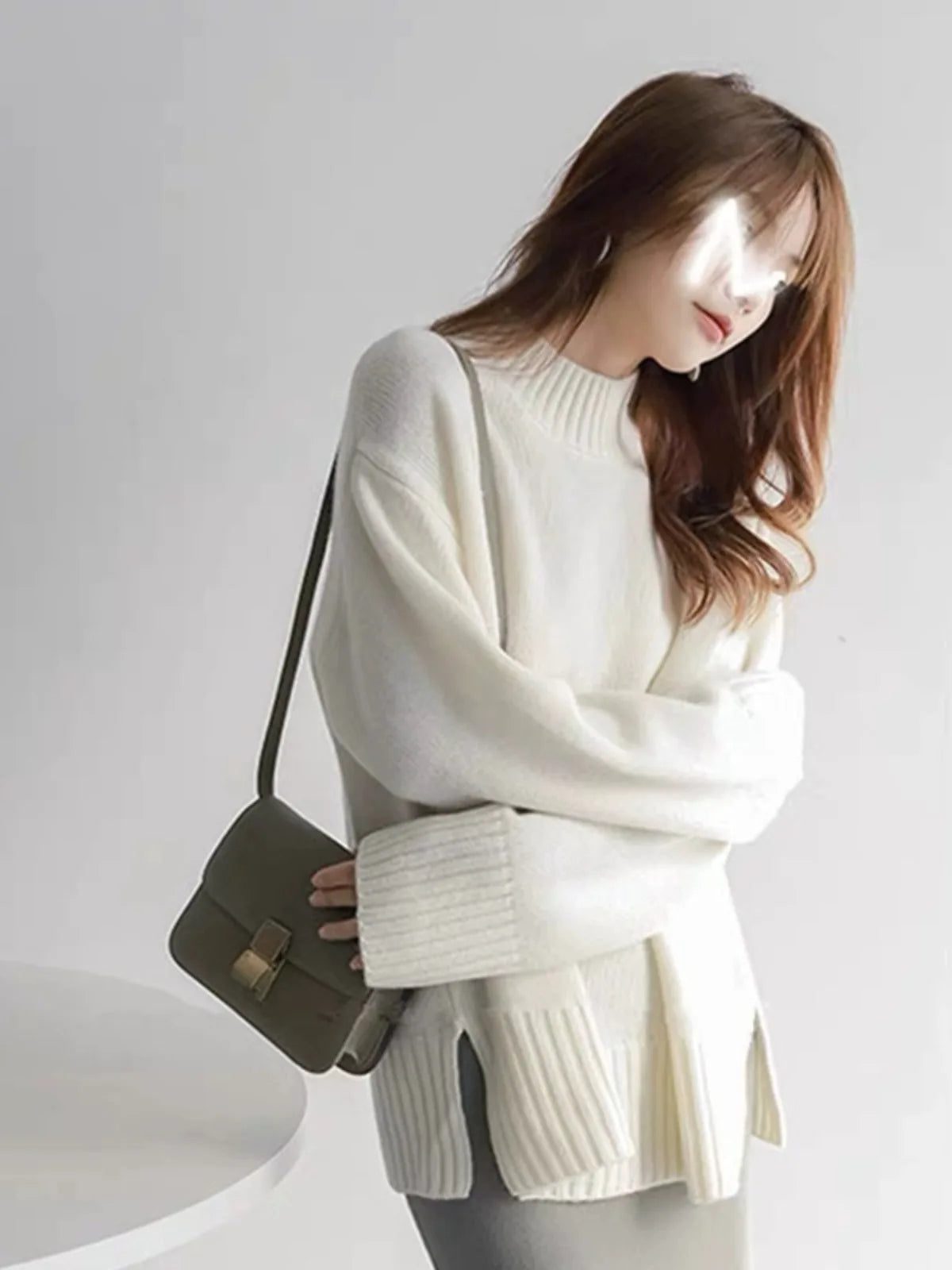 European100% pure cashmere sweater women’s half turtleneck slit short sweater lazy loose knit base shirt 2023 autumn