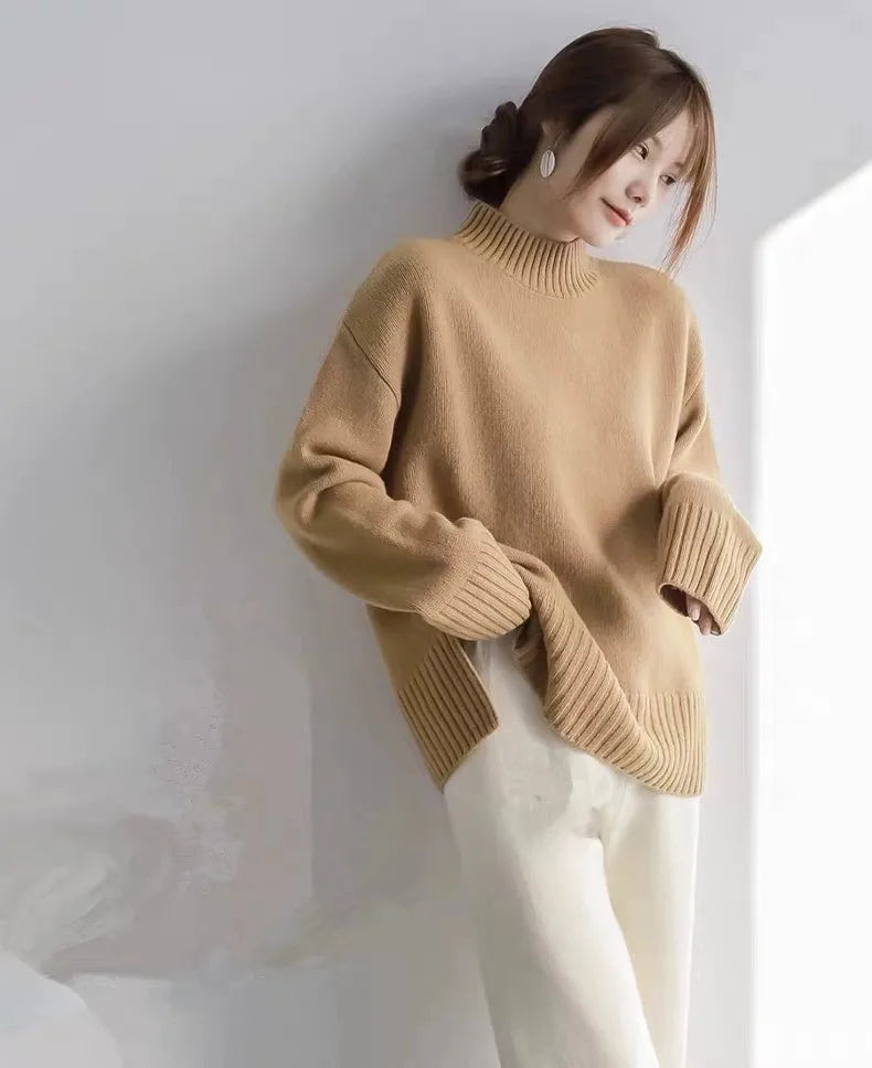 European100% pure cashmere sweater women’s half turtleneck slit short sweater lazy loose knit base shirt 2023 autumn