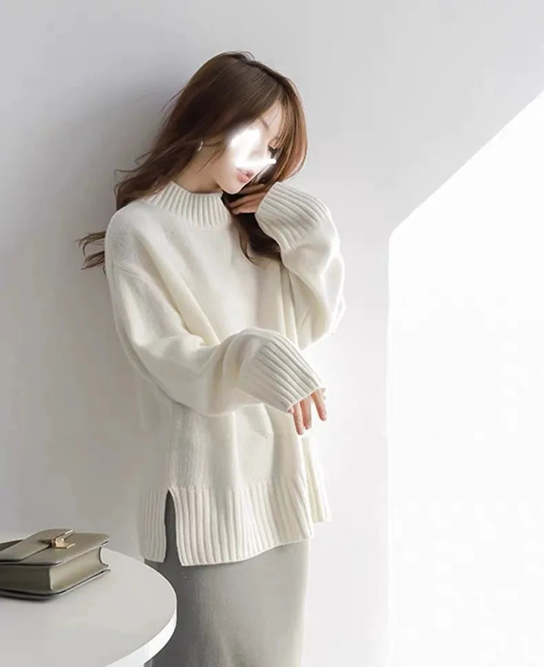 European100% pure cashmere sweater women’s half turtleneck slit short sweater lazy loose knit base shirt 2023 autumn