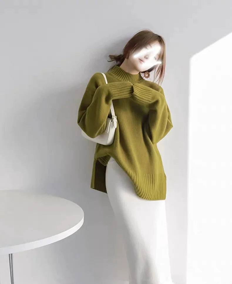 European100% pure cashmere sweater women’s half turtleneck slit short sweater lazy loose knit base shirt 2023 autumn