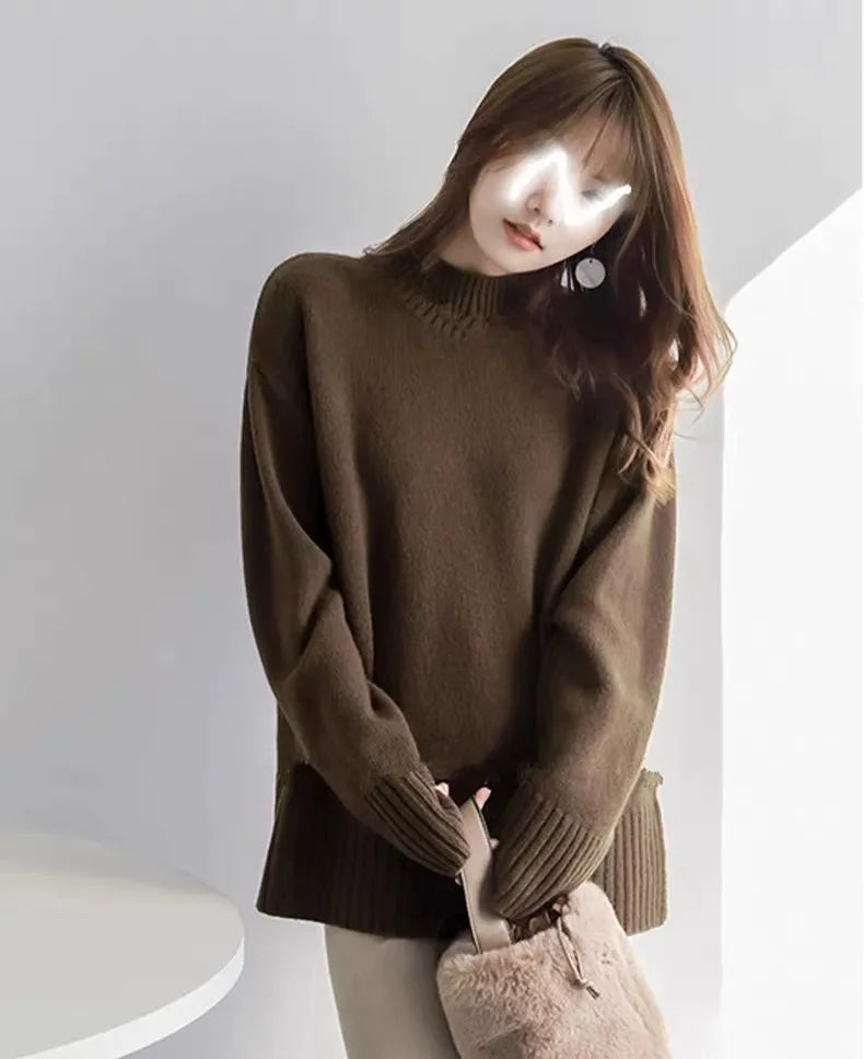 European100% pure cashmere sweater women’s half turtleneck slit short sweater lazy loose knit base shirt 2023 autumn