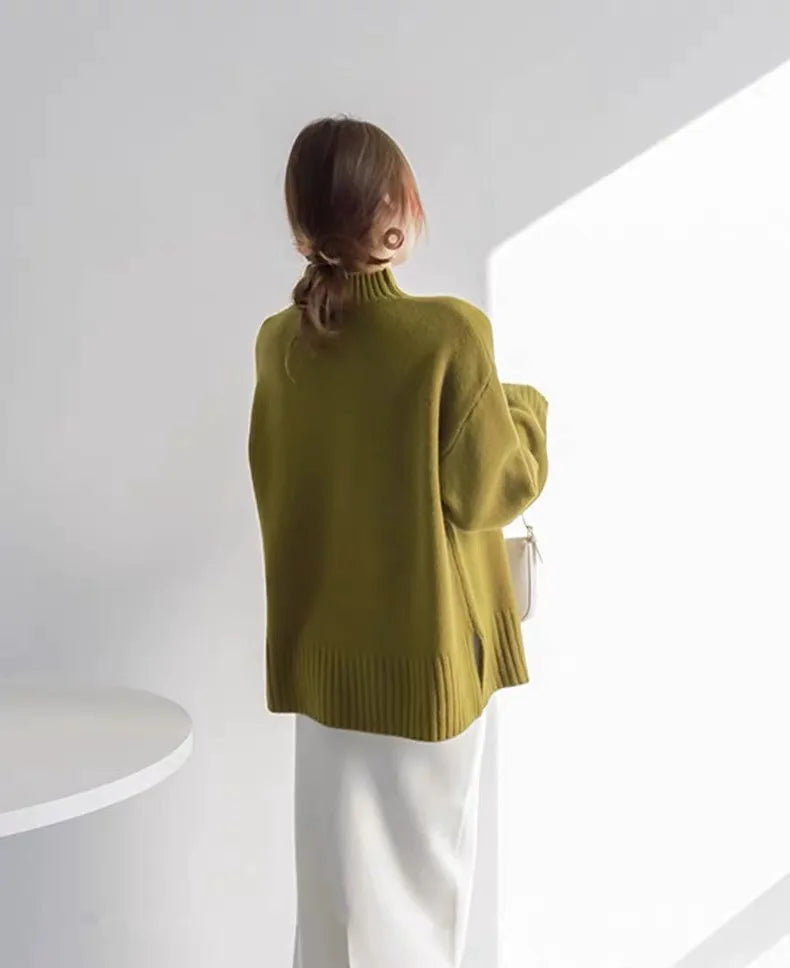 European100% pure cashmere sweater women’s half turtleneck slit short sweater lazy loose knit base shirt 2023 autumn