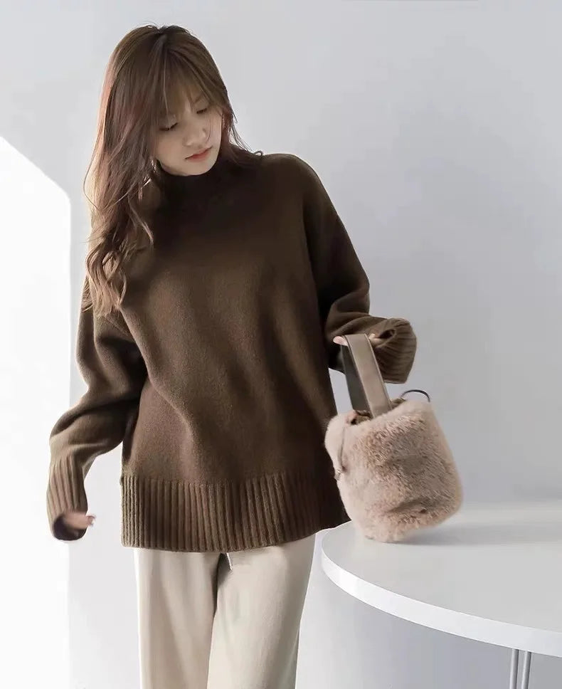 European100% pure cashmere sweater women’s half turtleneck slit short sweater lazy loose knit base shirt 2023 autumn