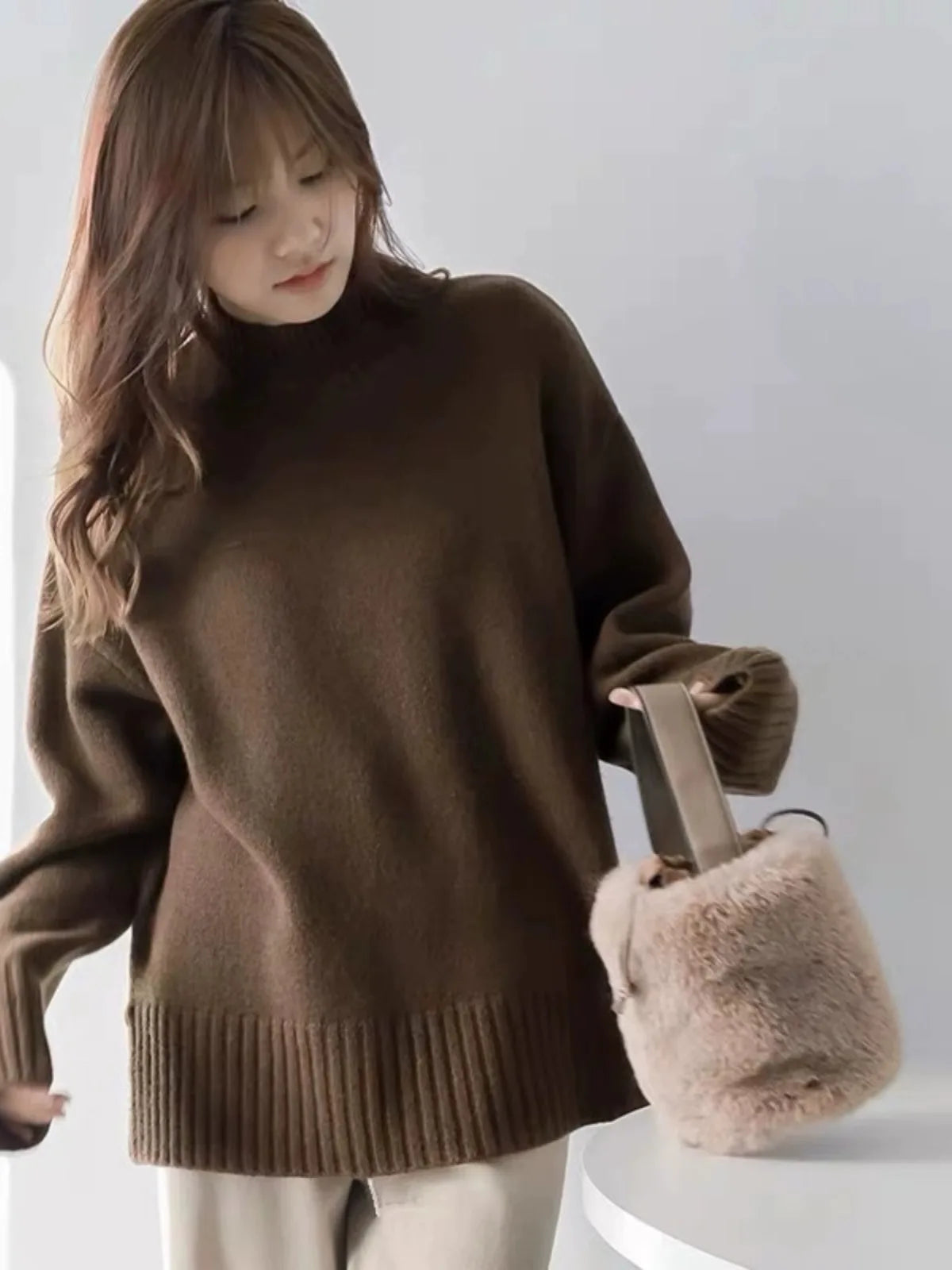 European100% pure cashmere sweater women’s half turtleneck slit short sweater lazy loose knit base shirt 2023 autumn