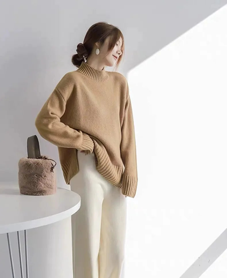 European100% pure cashmere sweater women’s half turtleneck slit short sweater lazy loose knit base shirt 2023 autumn