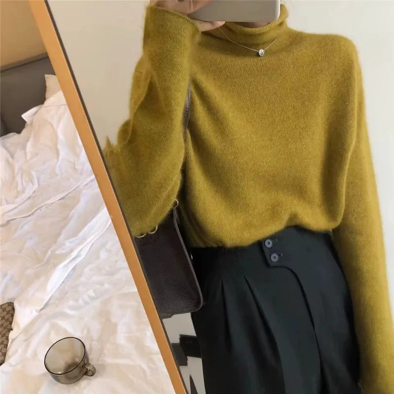 Fall and winter pile neck cashmere sweater women’s loose pullover slim high neck 100% wool sweater base