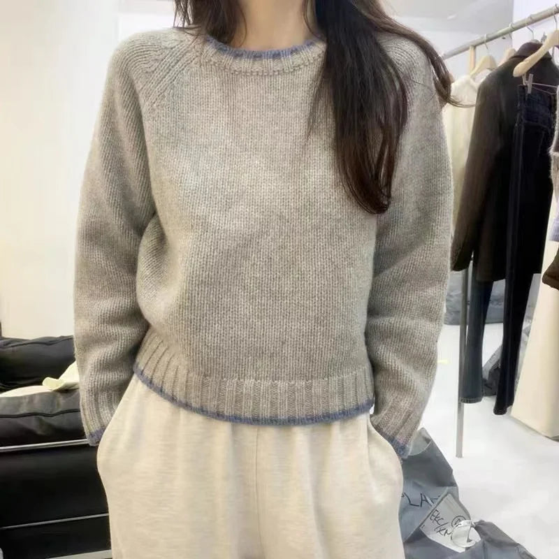 Fashion match color round neck cashmere sweater women’s autumn/winter Korean version thick wool base sweater loose