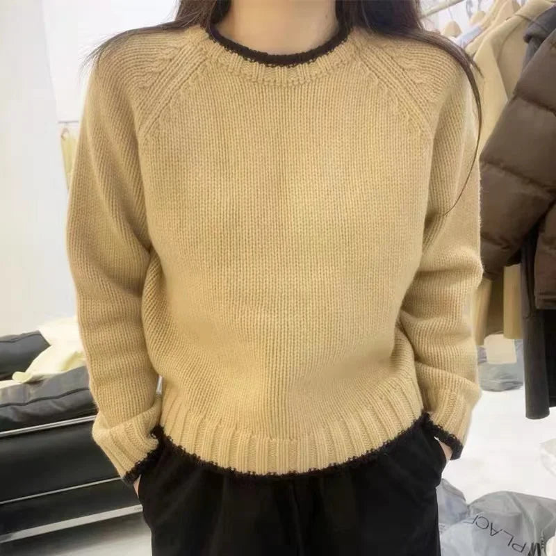 Fashion match color round neck cashmere sweater women’s autumn/winter Korean version thick wool base sweater loose