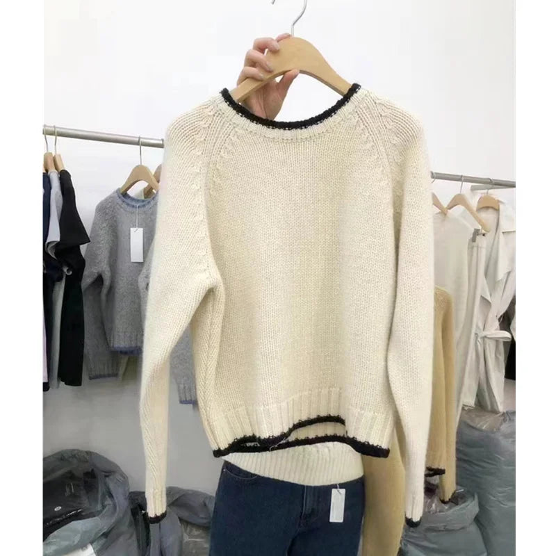 Fashion match color round neck cashmere sweater women’s autumn/winter Korean version thick wool base sweater loose