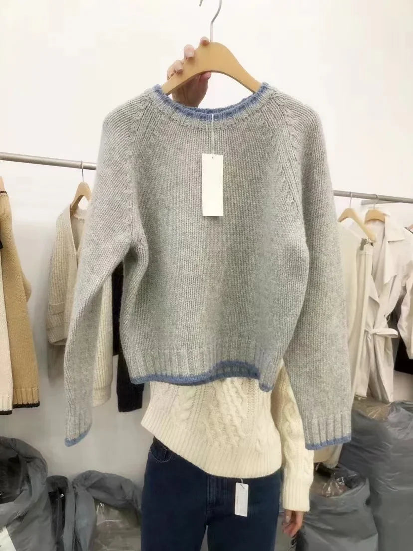 Fashion match color round neck cashmere sweater women’s autumn/winter Korean version thick wool base sweater loose