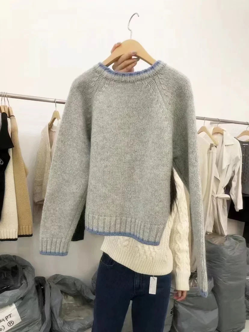 Fashion match color round neck cashmere sweater women’s autumn/winter Korean version thick wool base sweater loose