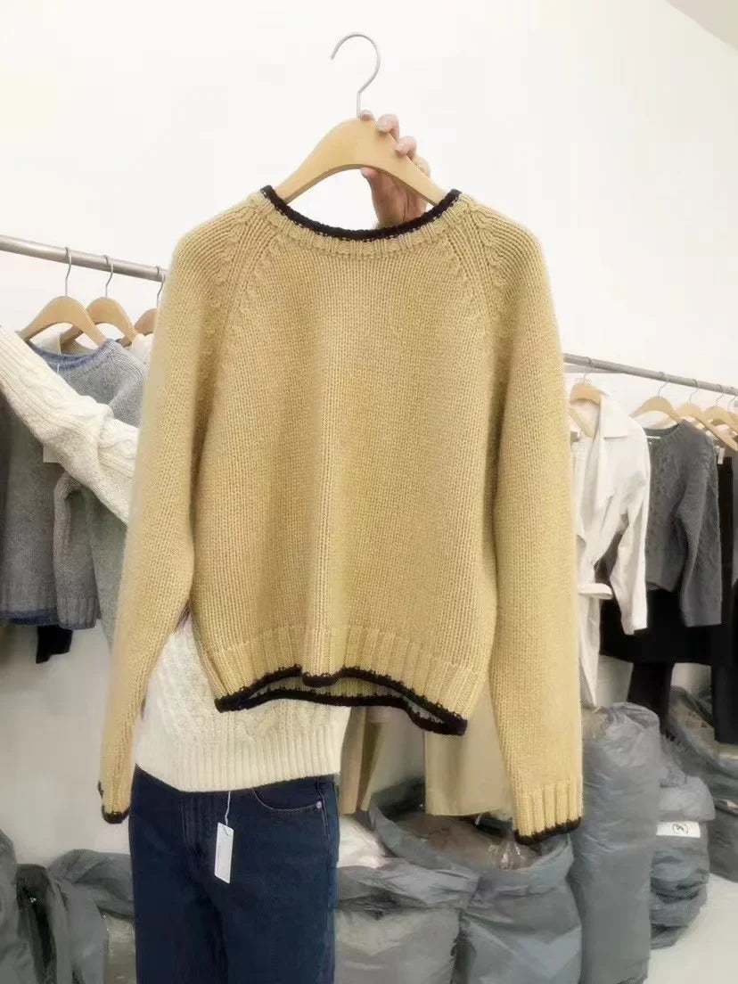 Fashion match color round neck cashmere sweater women’s autumn/winter Korean version thick wool base sweater loose