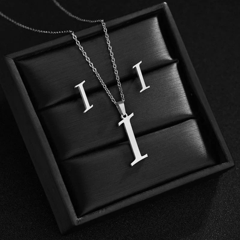 Fashion Stainless Steel Alphabet Initial Necklace 26 English Letter Earrings Necklace For Women Set Personalize Jewelry